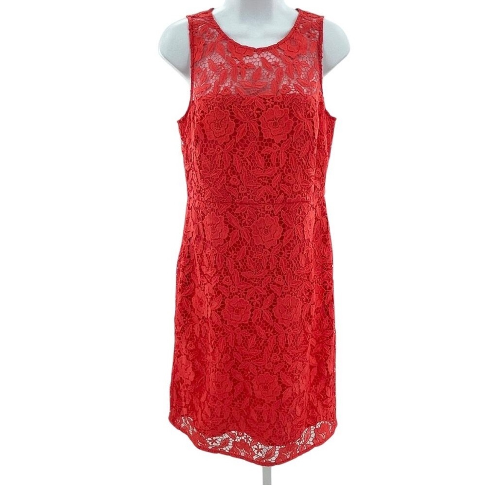 Free People Red Lace Sleeveless Sheath Dress Floral Overlay Mini Size M (Lined)